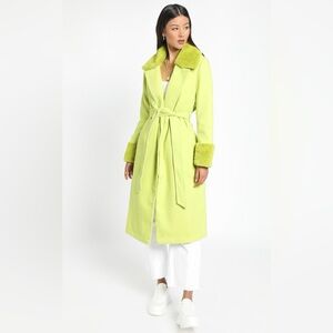 River Island Lime Belted Coat‎ Size UK 8 | Faux Fur Cuffs & Collar NWT